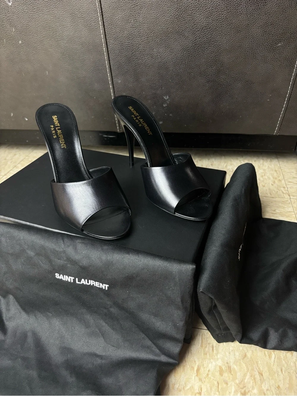 Saint Laurent Black Leather Peep-Toe Mule Heels - Picture 2 of 9